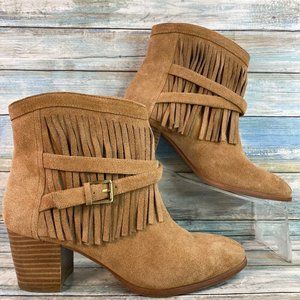 Chicos Taupe Suede Fringe Slip On Ankle Boot